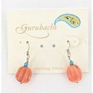 Gurubachi Sterling Silver Dangle Drop Earrings Pumpkin Orange Turquoise